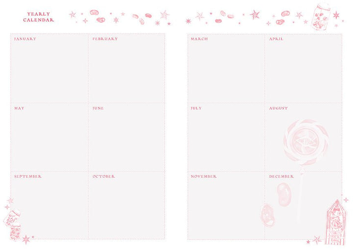 Harry Potter Honeydukes planner notebook by Insight Editions shown open to a dotted page with candy illustrations, set of three