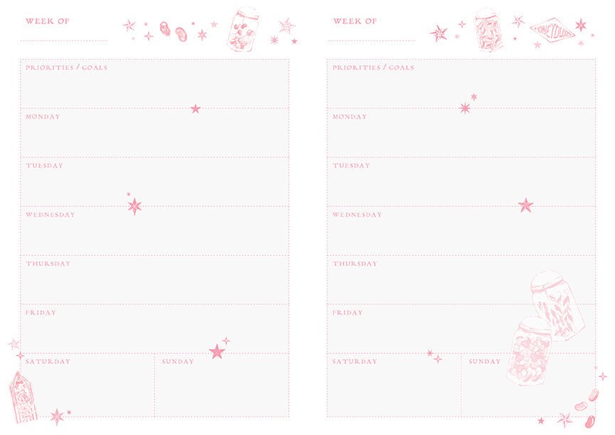 Harry Potter Honeydukes planner notebook by Insight Editions shown open to a dotted page with candy illustrations, set of three