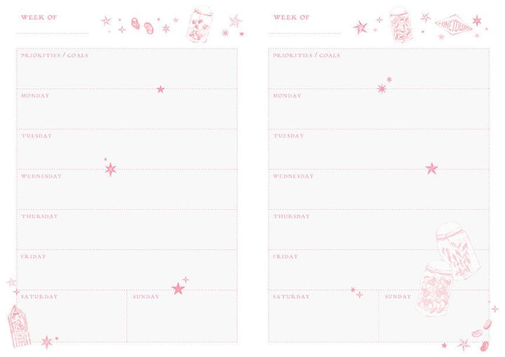 Harry Potter Honeydukes planner notebook by Insight Editions shown open to a dotted page with candy illustrations, set of three
