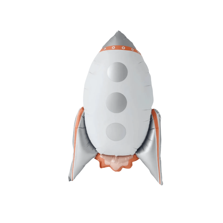 White rocket ship foil balloon with silver fins and orange trim for a space birthday party