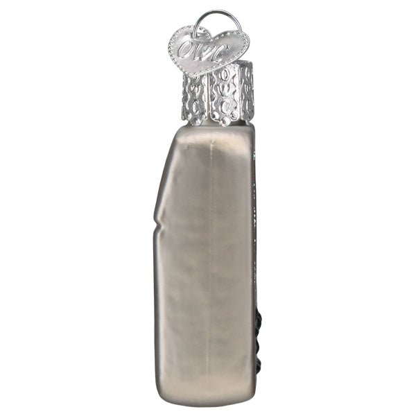 Side profile of the silver handheld game ornament with its side buttons, on white