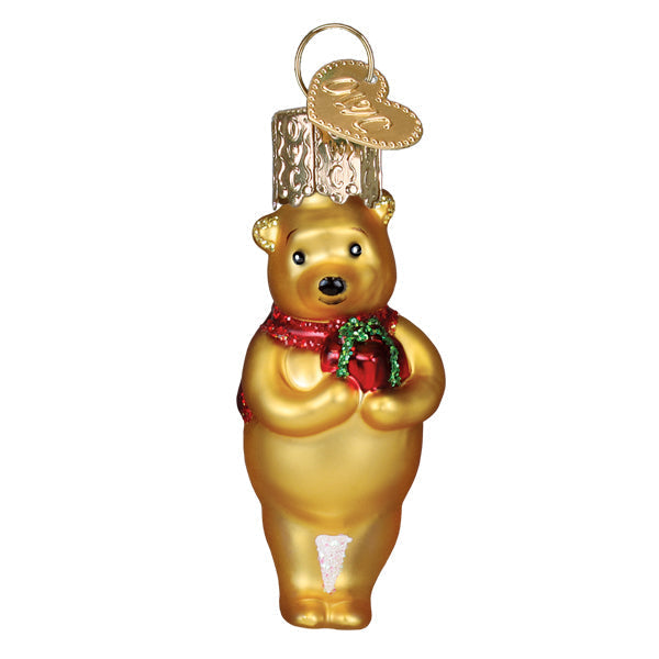 Mini Winnie the Pooh glass ornament holding a gift for a Christmas tree