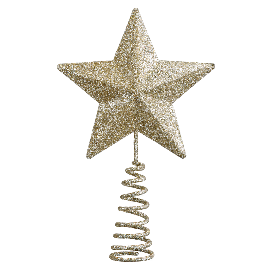 Champagne gold glitter mini star tree topper on a gold coil spring, on white
