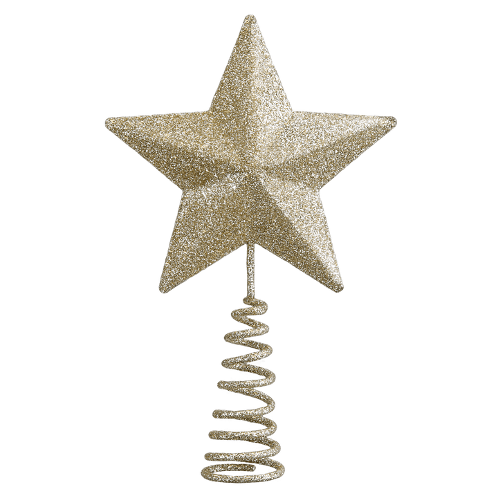 Champagne gold glitter mini star tree topper on a gold coil spring, on white