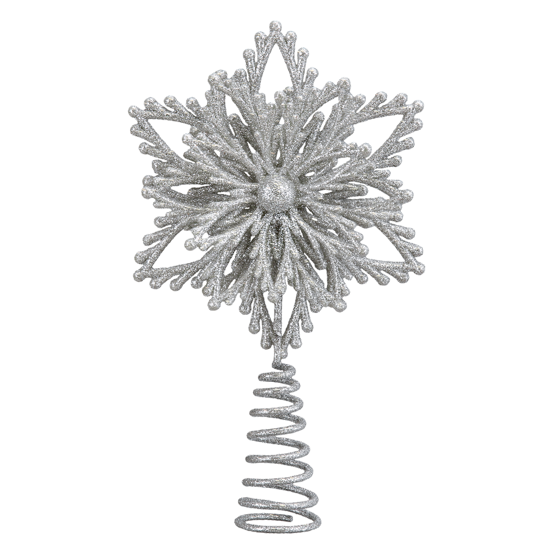 Silver glitter snowflake mini tree topper on a silver coil spring, on white