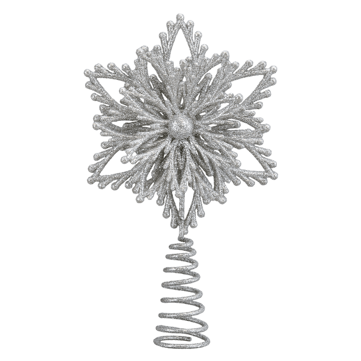 Silver glitter snowflake mini tree topper on a silver coil spring, on white