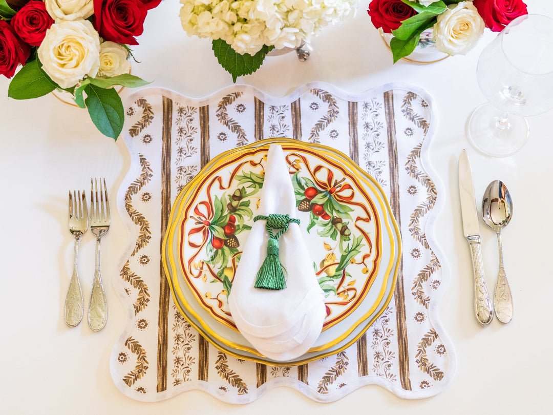 Boxwood Garden espresso square placemat with a scalloped edge