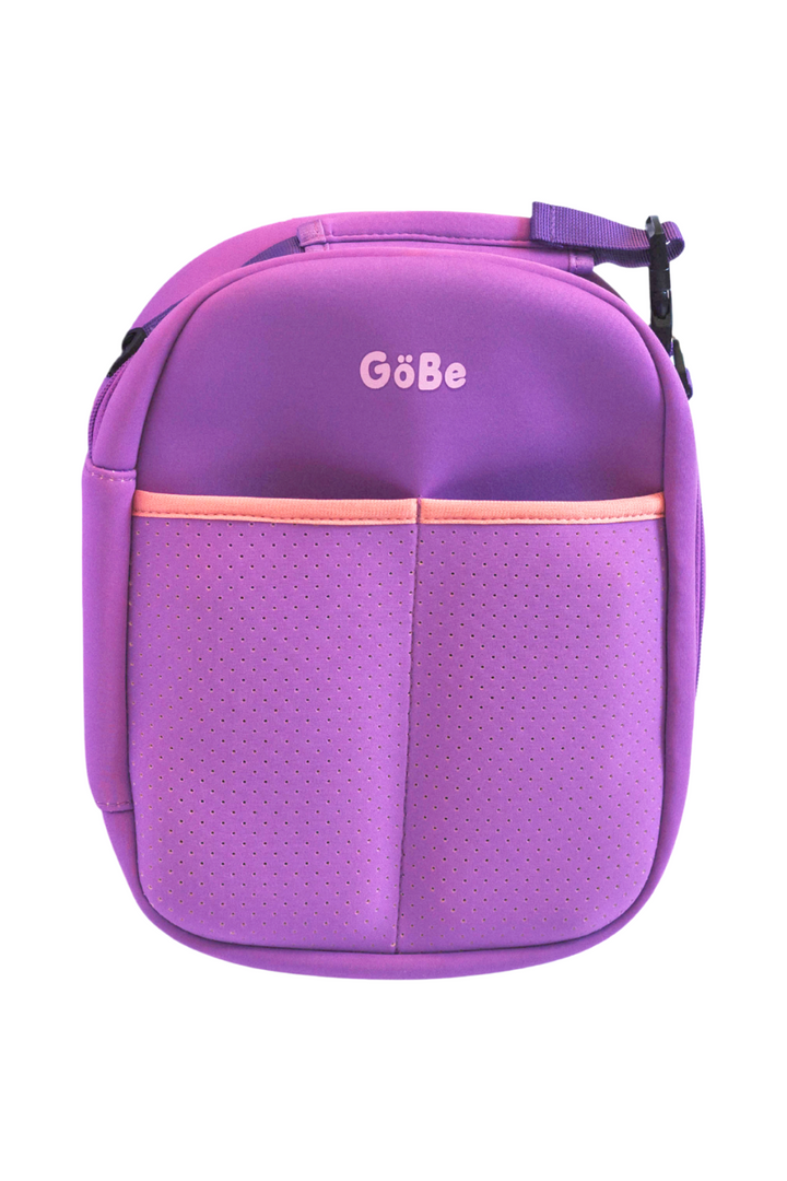 Purple GoBe insulated lunch bag showing the two front pockets
