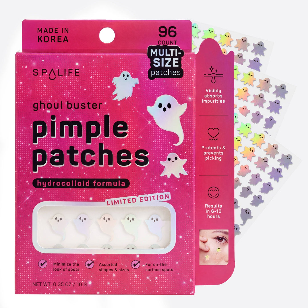 Ghoul Buster pimple patches box in sparkly pink with holographic ghost patch sheets, a Halloween party must have