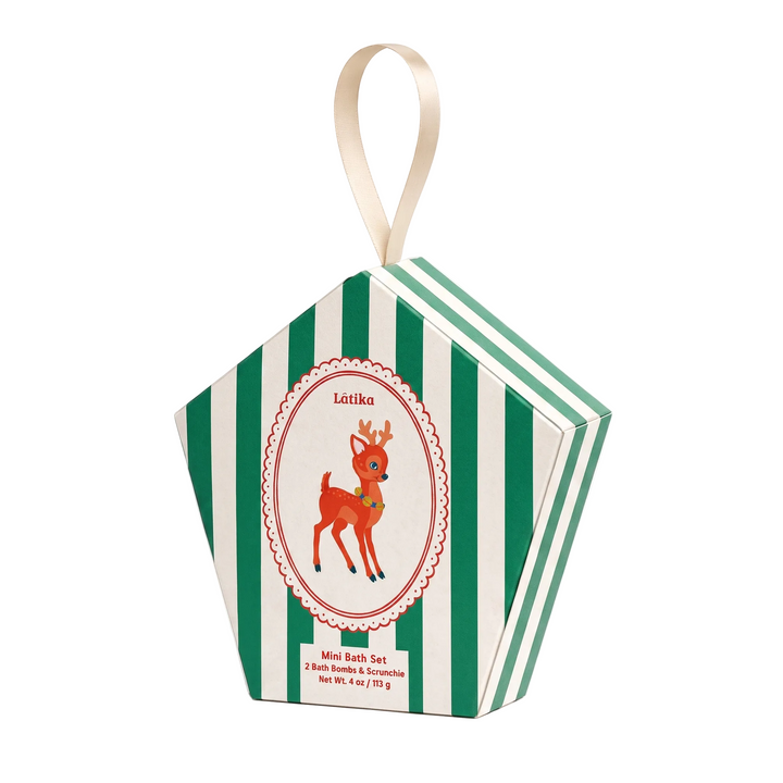 Green striped pentagon box with looped ribbon and vintage deer crest on white, a Christmas mini bath set