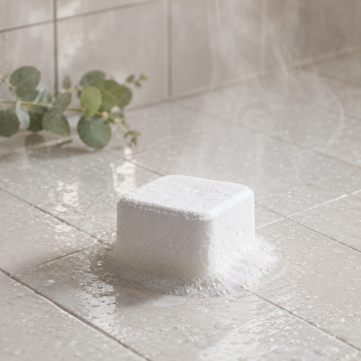 White shower steamer fizzing on wet tile with steam and eucalyptus, an at-home holiday spa moment