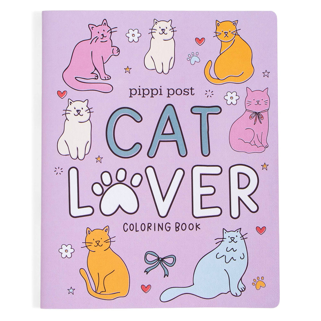 Cat Lover coloring book with pastel lavender cover of illustrated cats and bows, a sweet cat lover gift