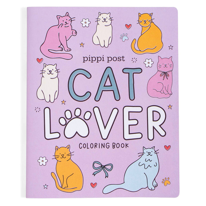 Cat Lover coloring book with pastel lavender cover of illustrated cats and bows, a sweet cat lover gift