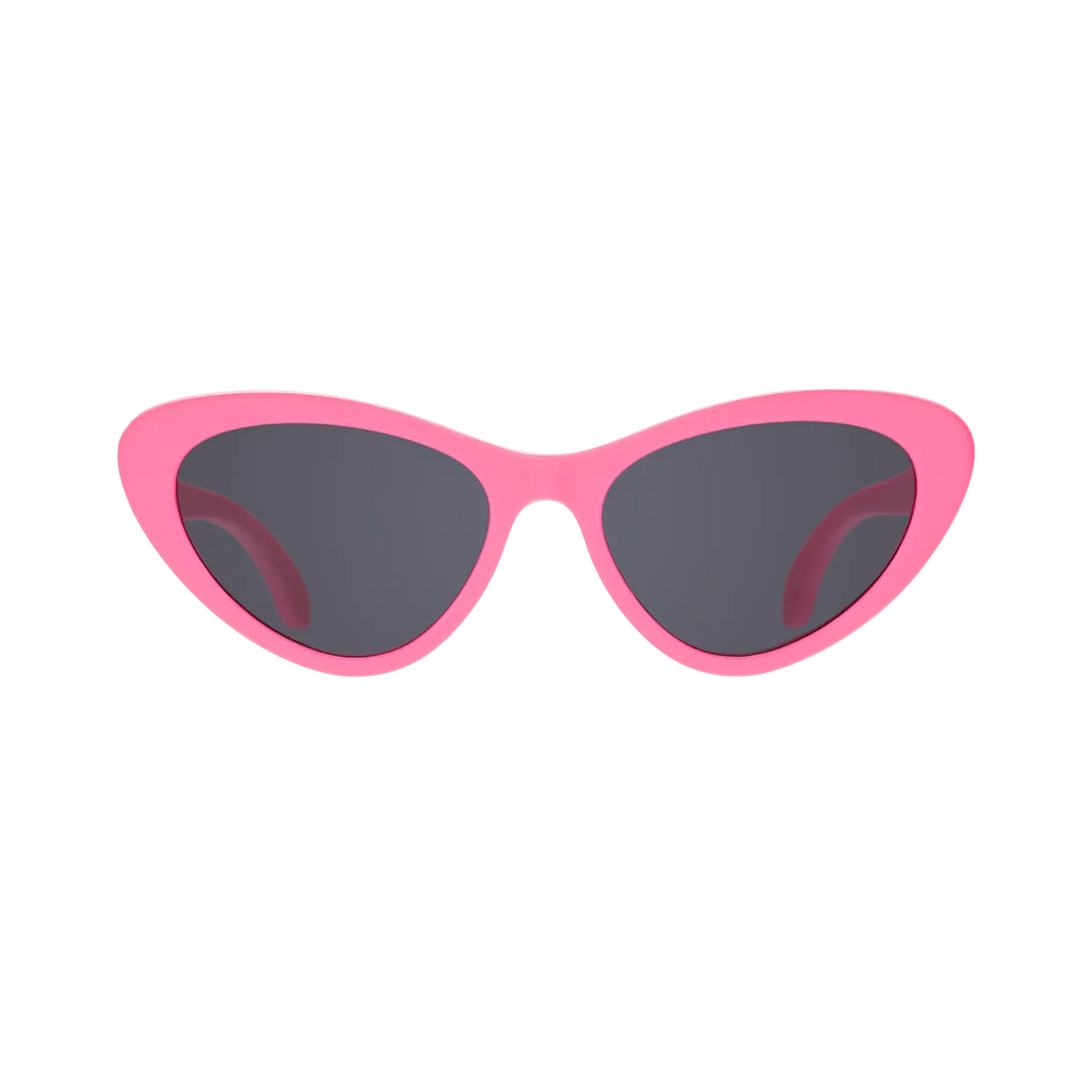 Pink cat-eye kids sunglasses shown from the front with smoke lenses on a plain background.