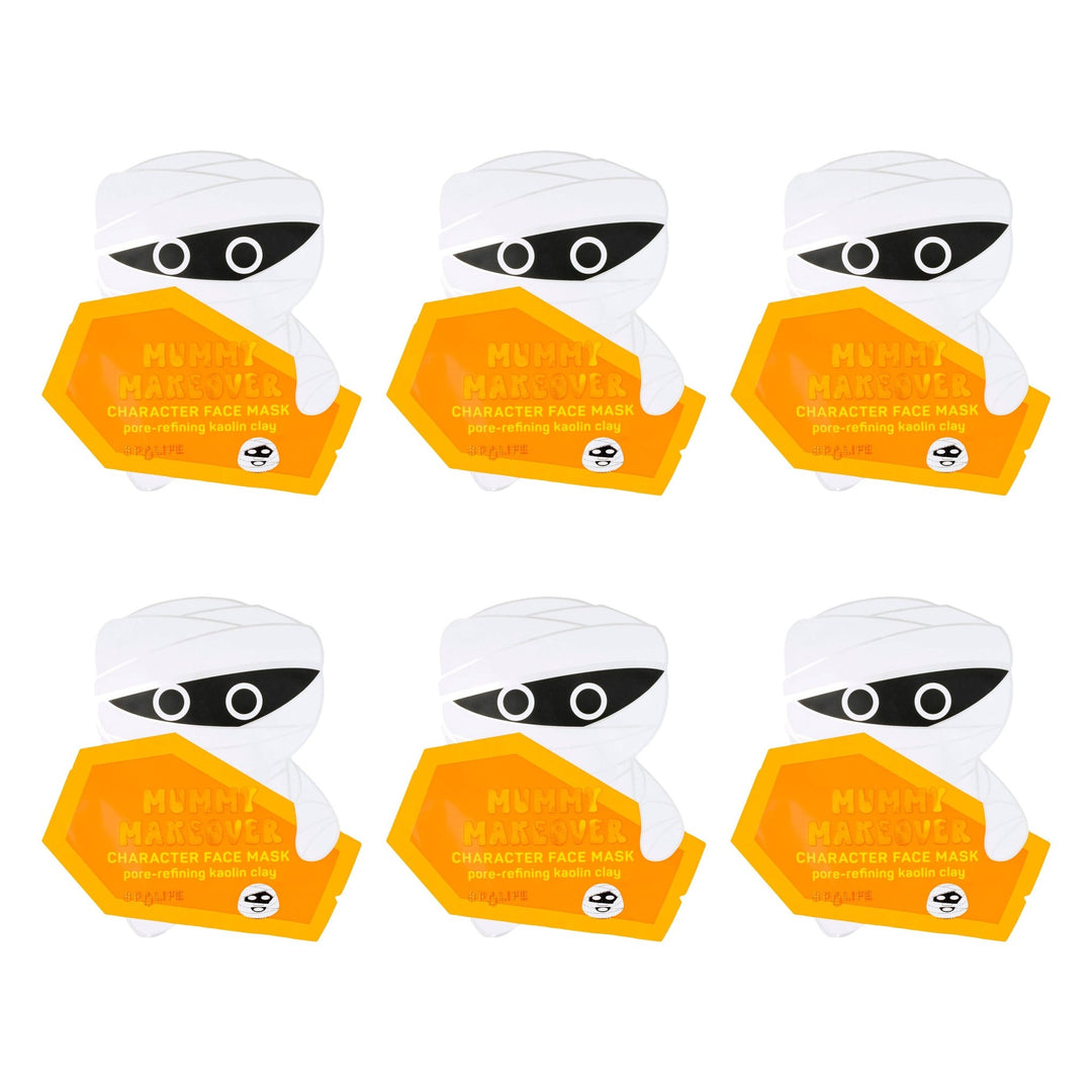 Six mummy character face mask pouches lined up in two rows, easy Halloween party favors for a spa night