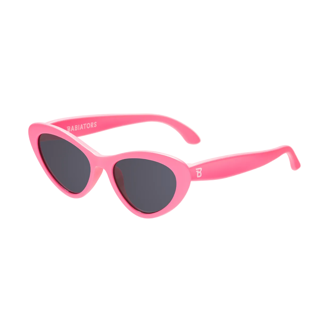 Kids pink cat-eye sunglasses with smoke lenses and flexible frames for beach days and summer play, sized for ages 0 to 5.