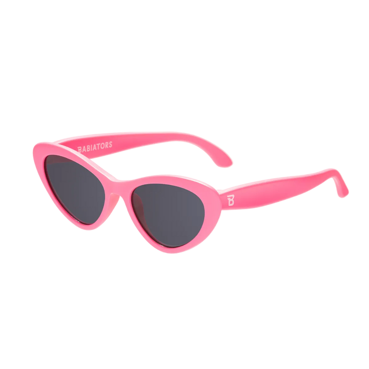 Kids pink cat-eye sunglasses with smoke lenses and flexible frames for beach days and summer play, sized for ages 0 to 5.