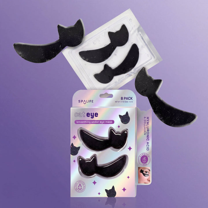 Black cat shaped under eye patches floating around the Cat Eye eight pack box with hyaluronic acid for Halloween glam