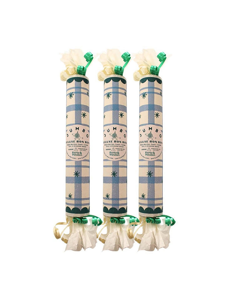 Trio of blue plaid jumbo surprise bon bons tied with green curling ribbon for party favor gifting