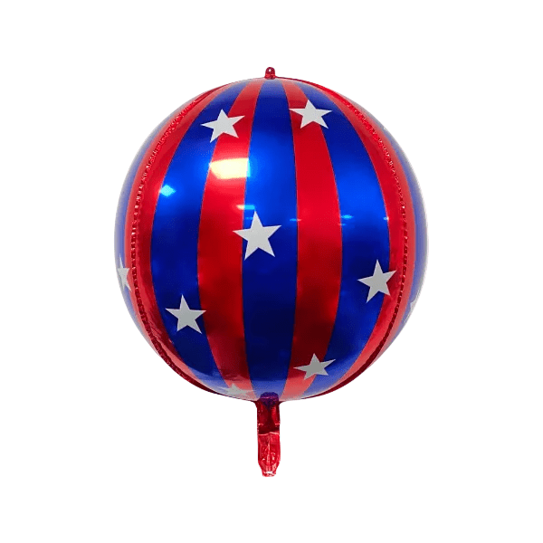 Blue and red striped orb foil balloon dotted with white stars for a circus party