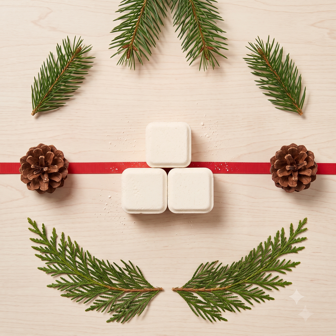 Flat lay of three white steamer cubes with red ribbon, pinecones and evergreen sprigs for a Christmas gift