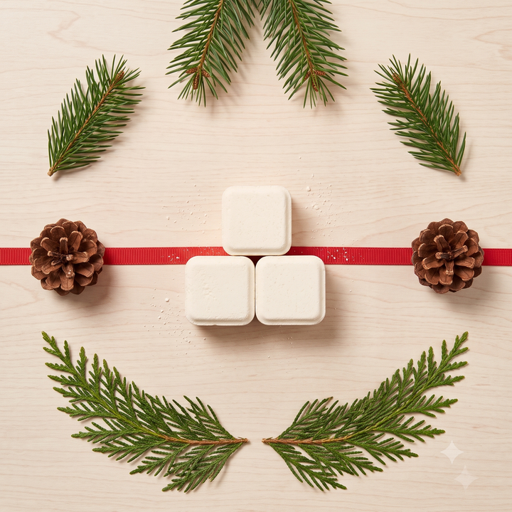Flat lay of three white steamer cubes with red ribbon, pinecones and evergreen sprigs for a Christmas gift