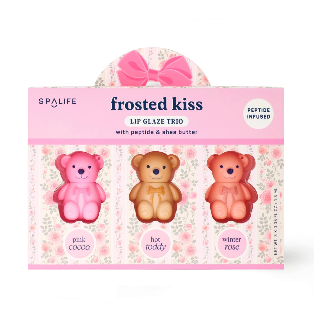 Frosted Kiss lip glaze trio with pink cocoa, hot toddy and winter rose teddy bear tubes, a sweet stocking stuffer