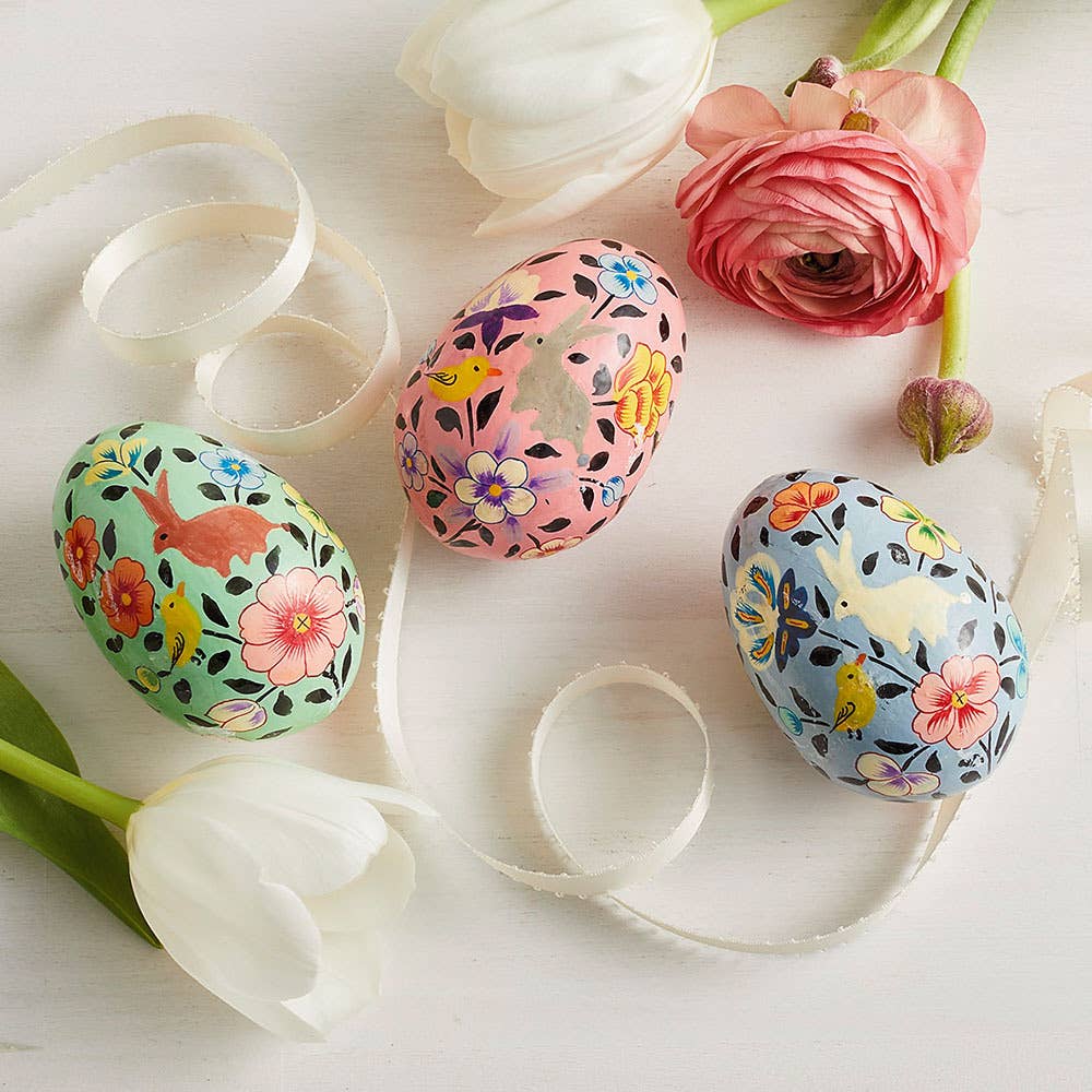 Bunnies & Birds Kashmiri Eggs - Set of 3 SERRV International Bunnies & Birds Kashmiri Eggs - Set of 3 Bonjour Fete - Party Supplies