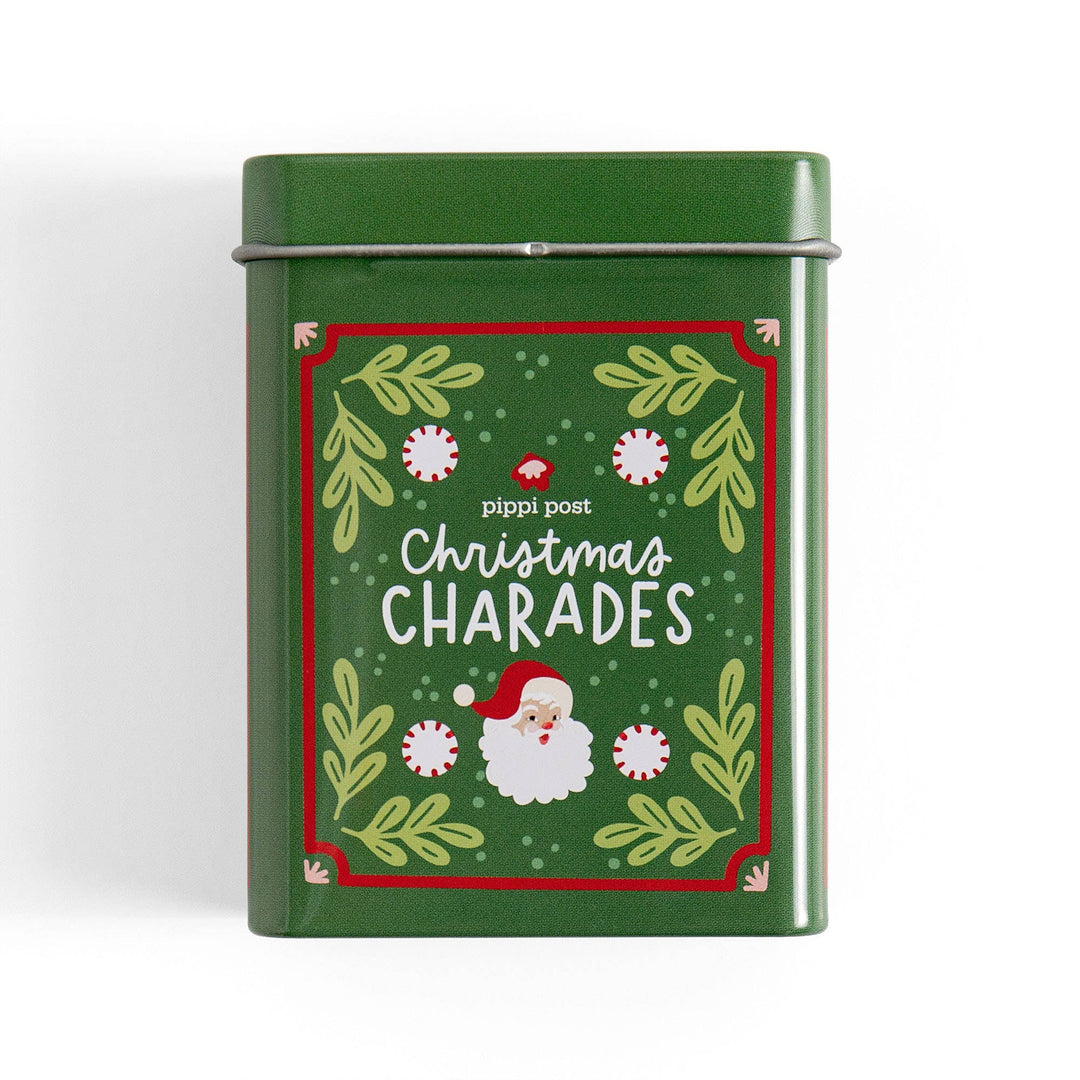 Green Christmas charades tin with Santa and peppermint artwork, a stocking stuffer game
