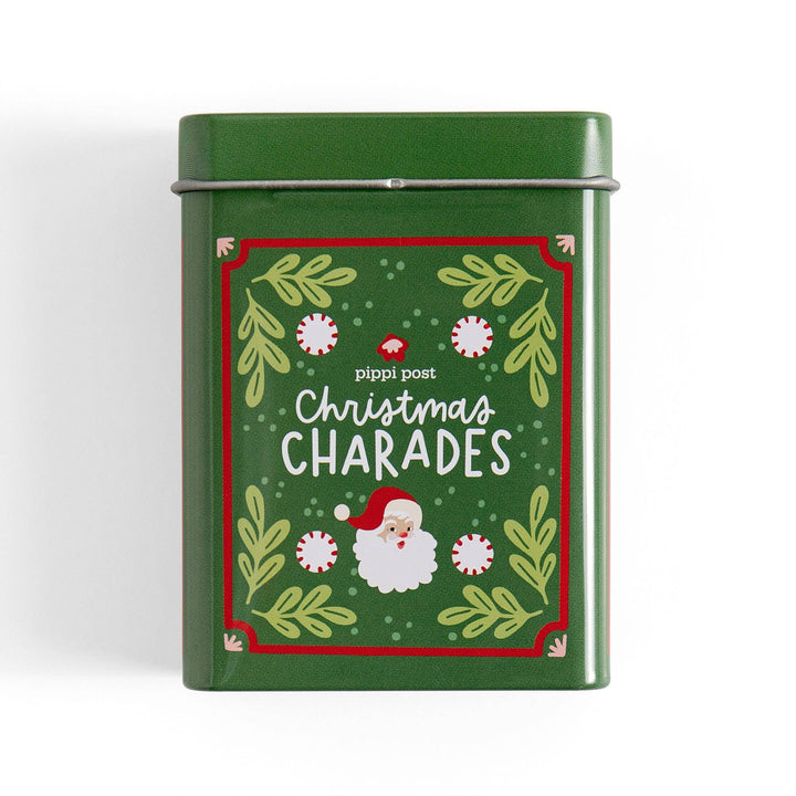 Green Christmas charades tin with Santa and peppermint artwork, a stocking stuffer game