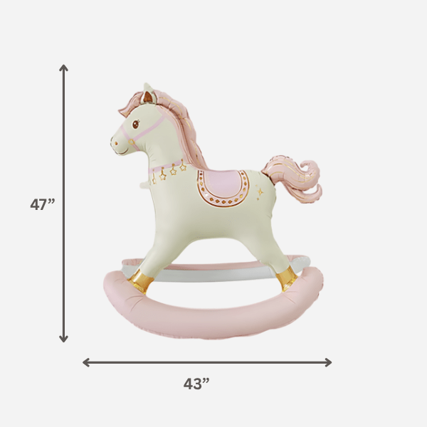 Pink rocking horse balloon with 47 inch size guide for a first birthday or carousel party