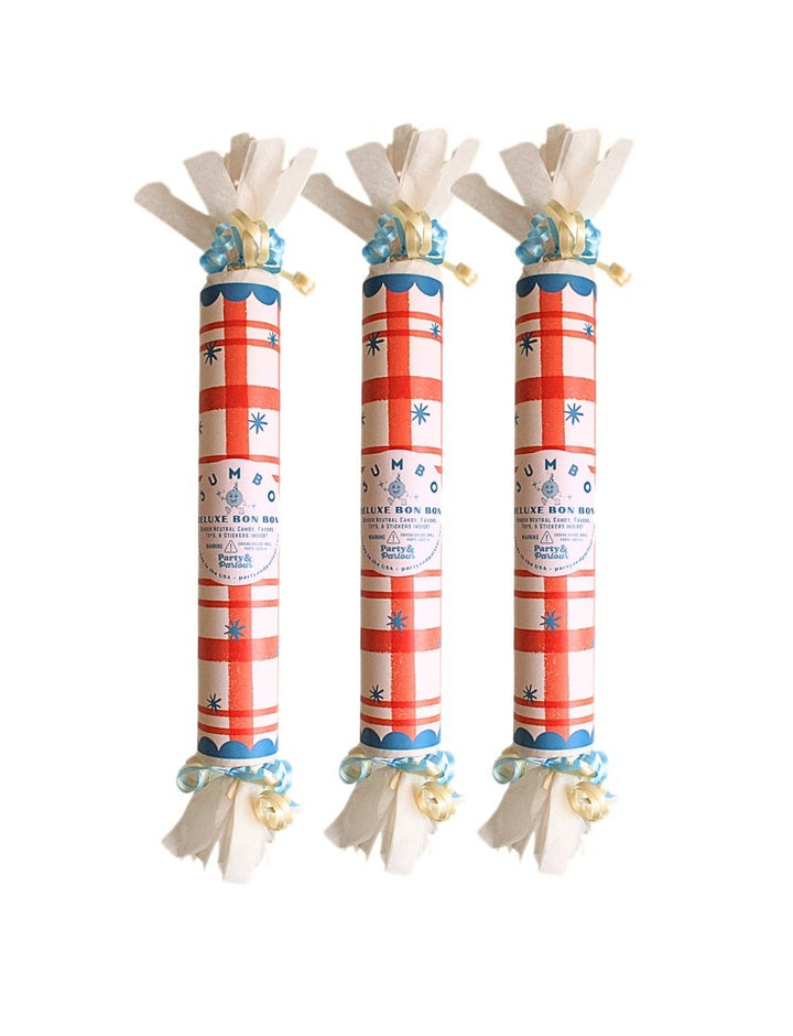 Three red plaid jumbo surprise bon bons with light blue ribbon for year-round celebration favors