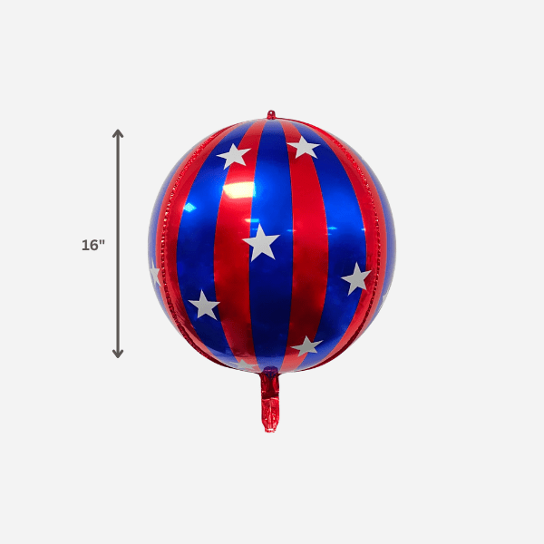 Blue and red striped orb balloon with 16 inch size guide for a carnival birthday