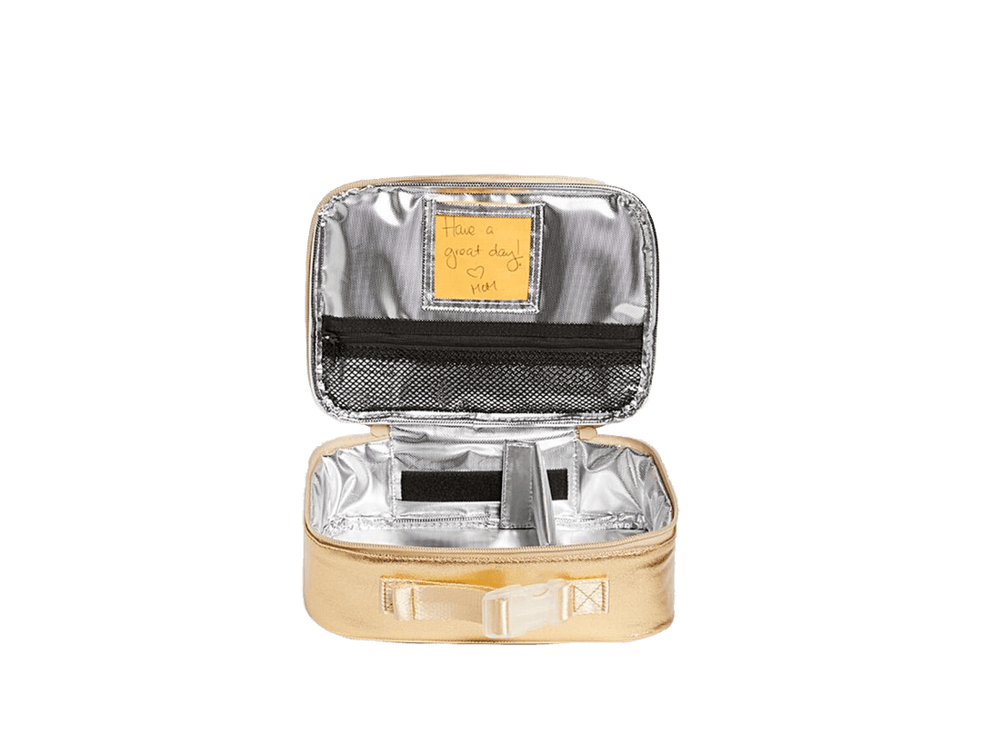 Gold Rodgers lunch box open with insulated lining, mesh utensil pocket, note window, and divider