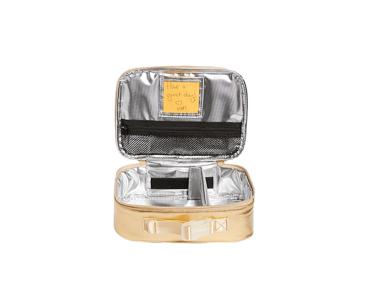 Gold Rodgers lunch box open with insulated lining, mesh utensil pocket, note window, and divider