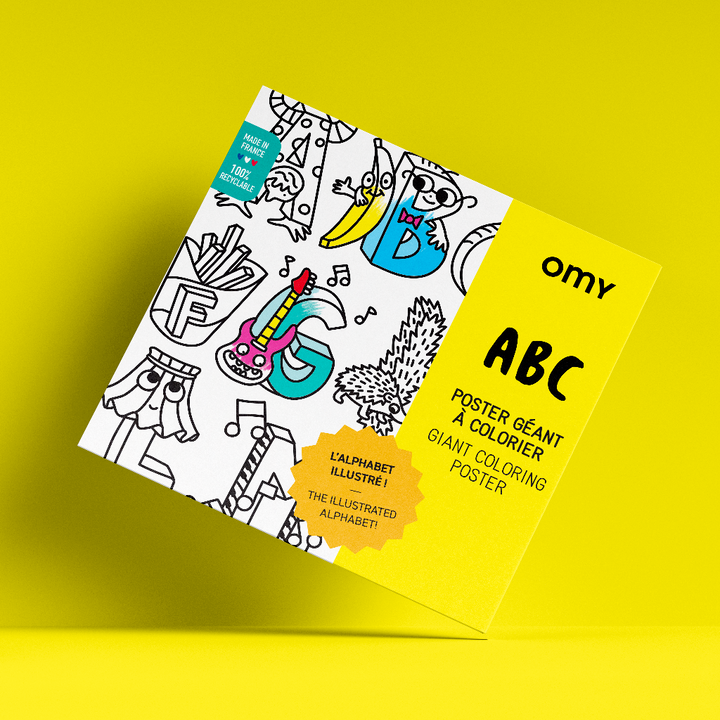 Packaged alphabet giant coloring poster with line-art cover, on a yellow background