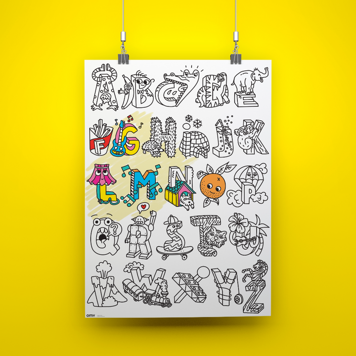 Alphabet giant coloring poster laid flat, letters A to Z colored in with animals and objects