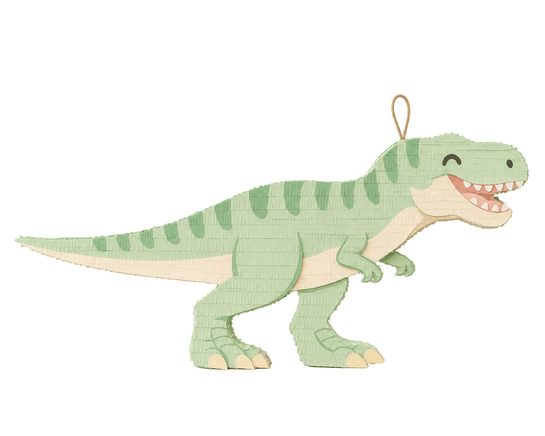 Mint green T-Rex dinosaur piñata with darker green stripes and a smiling open mouth, a centerpiece for a dinosaur party
