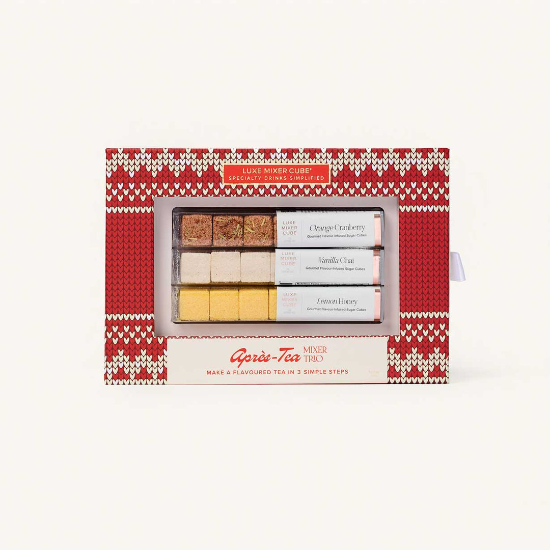 Apres tea mixer cubes box in cranberry orange rosemary, vanilla chai, and lemon honey