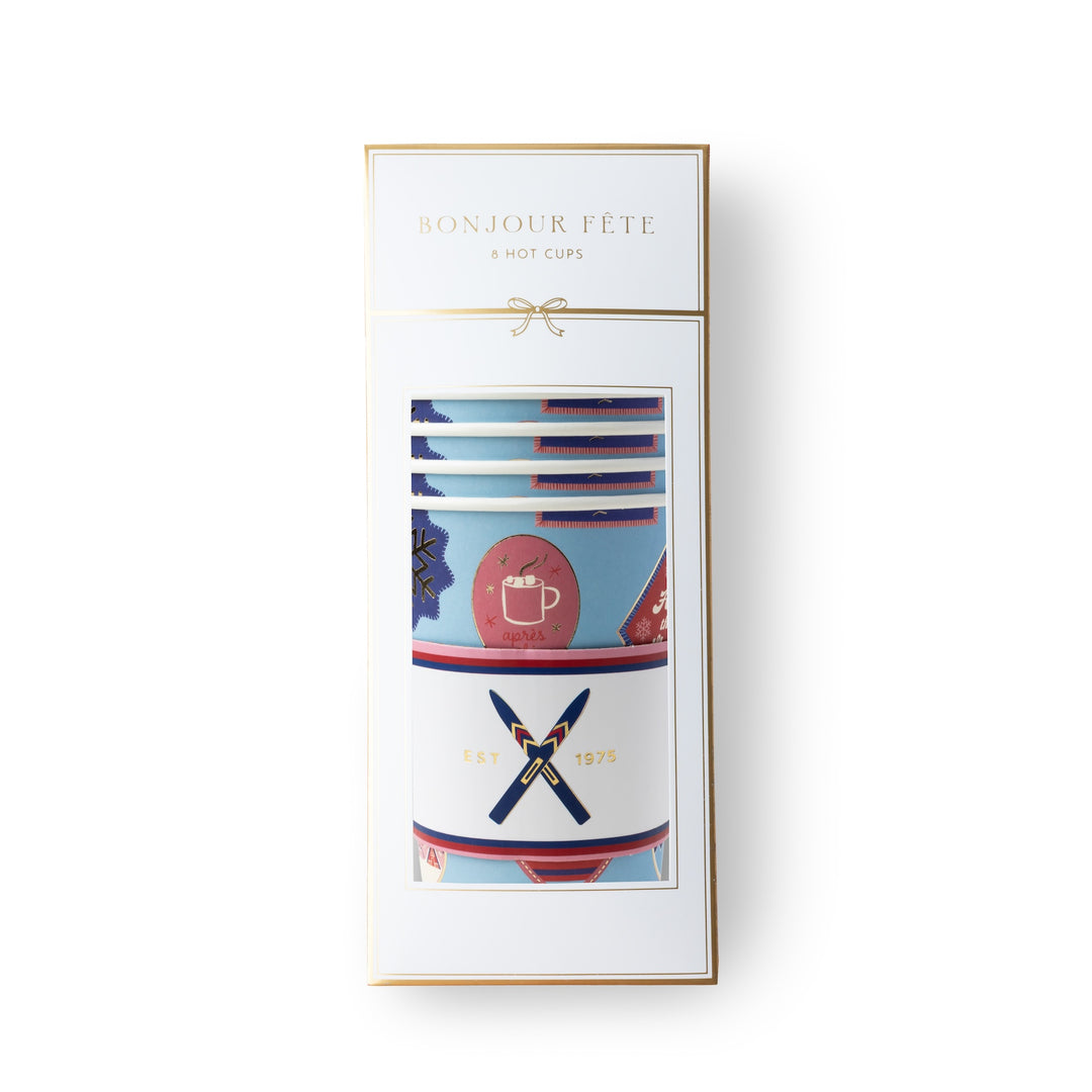 A boxed set of 8 reusable hot cups from Bonjour Fête, shown in its white and gold retail packaging with a clear window displaying the colorful cups inside.