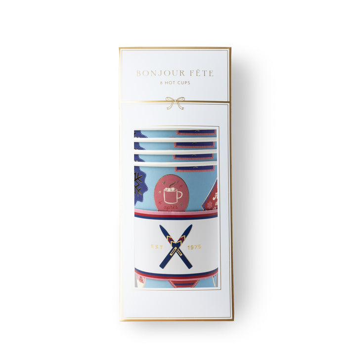 A boxed set of 8 reusable hot cups from Bonjour Fête, shown in its white and gold retail packaging with a clear window displaying the colorful cups inside.