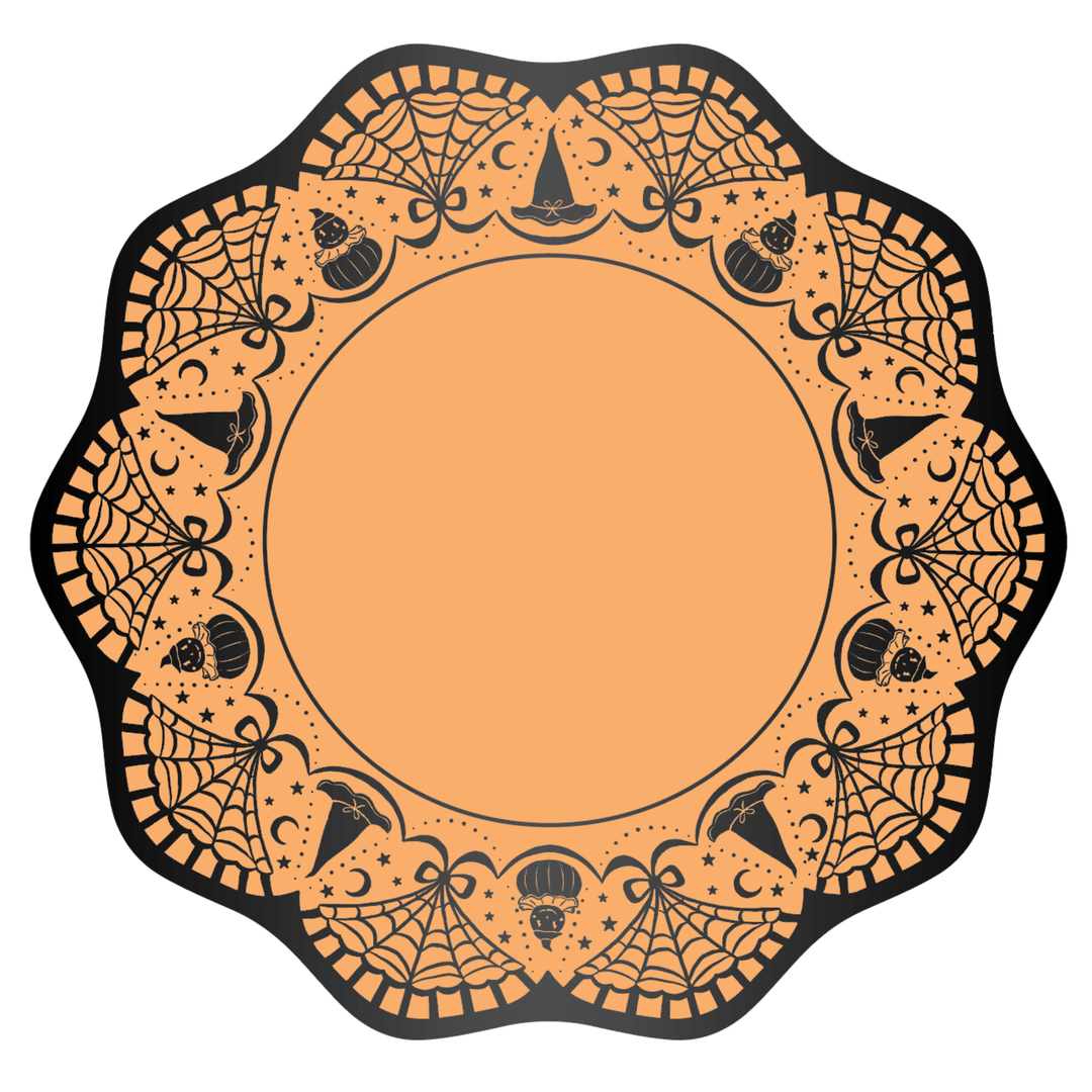 Orange scalloped Halloween dinner plate with a black lace border of spiderwebs, witch hats, pumpkins, moons, and stars