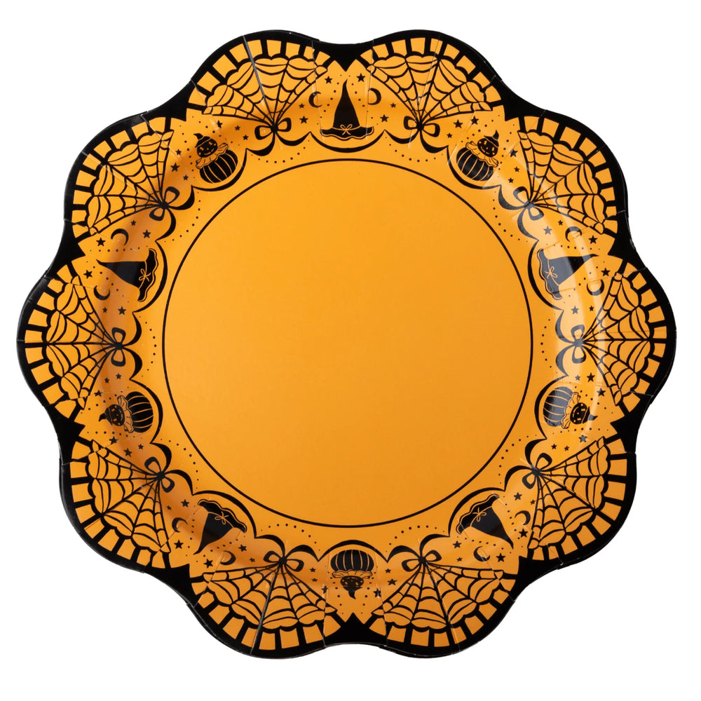 Art deco vintage Halloween dinner plates, set of 8, scalloped in orange and black for a Halloween dinner party