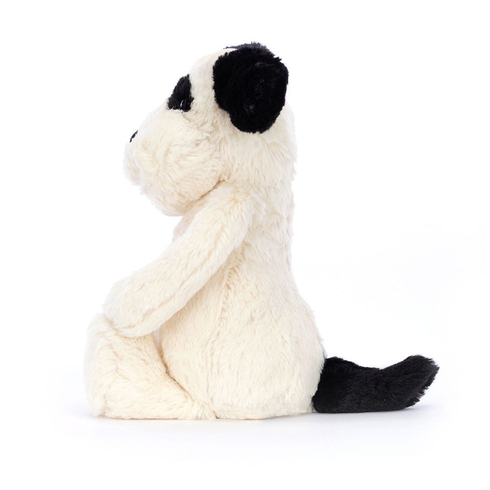 Jellycat Bashful Black and Cream Puppy plush, a cuddly stuffed animal gift for a birthday or baby shower.