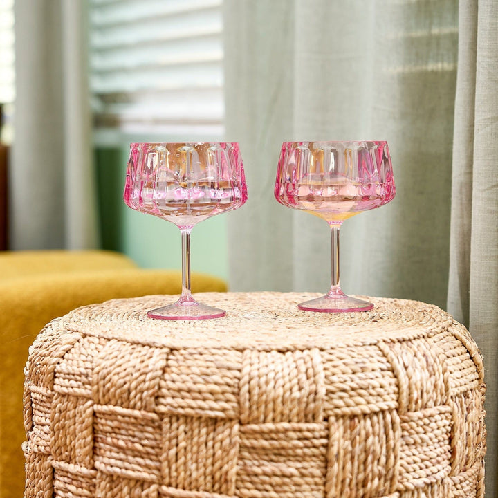 Pink coupe glasses holding 16 ounces, 6.5 inches tall with a 4 inch bowl