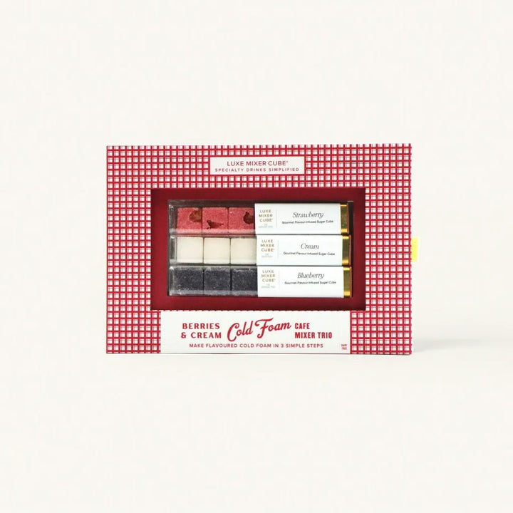 Cold foam coffee mixer cubes box in strawberry, blueberry, and cream flavors