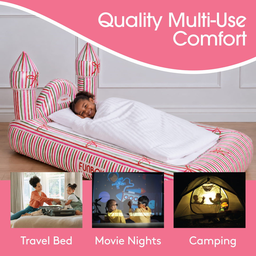 Holiday stripe castle air mattress with travel bed, movie night, and camping uses
