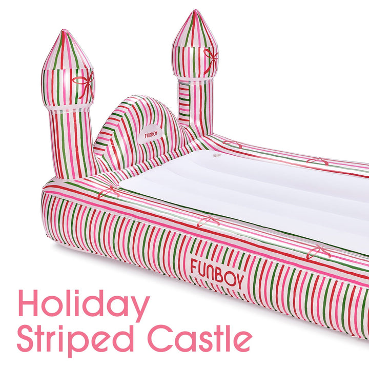 Close-up of the holiday stripe castle kids air mattress headboard towers