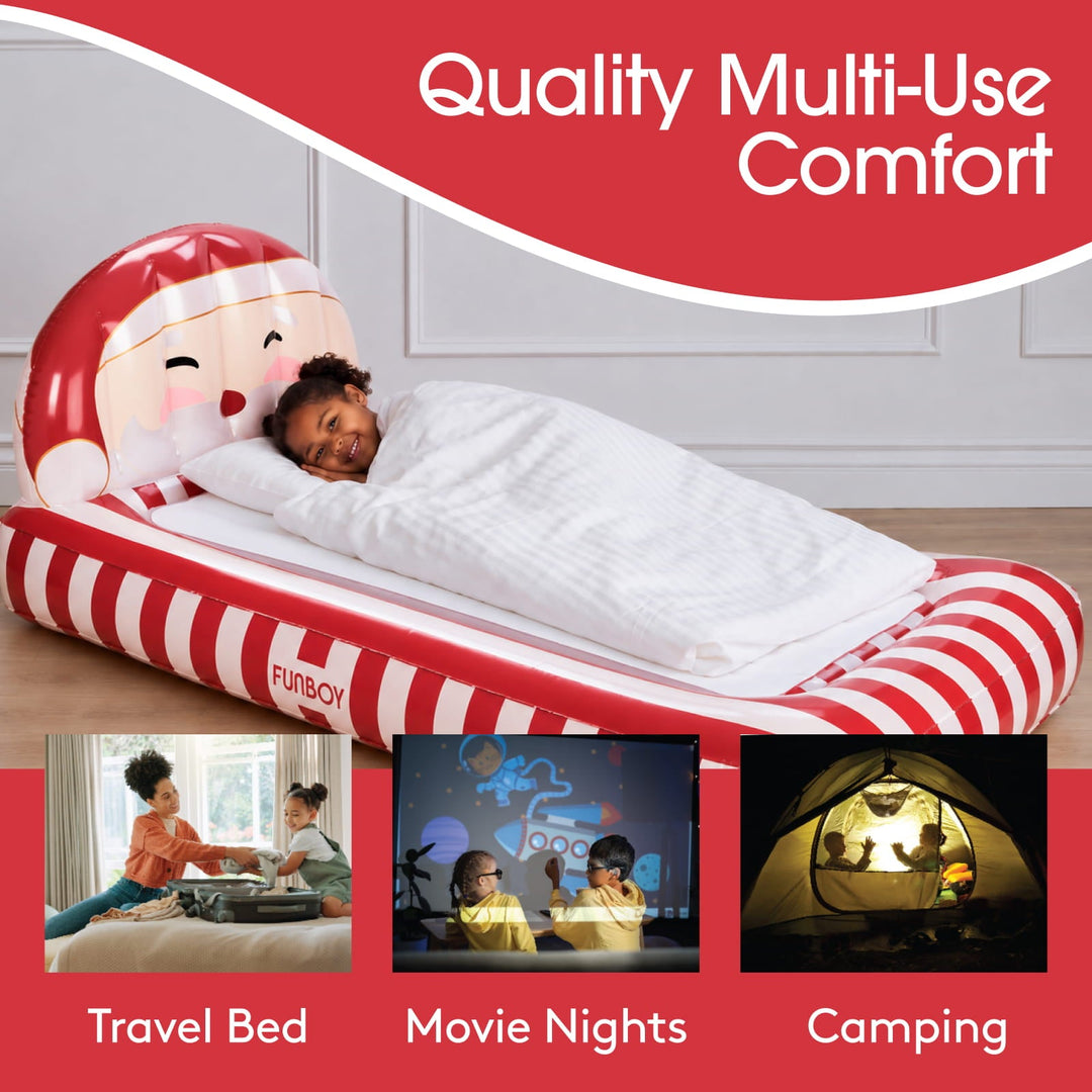 Santa kids air mattress with travel bed, movie night, and camping uses
