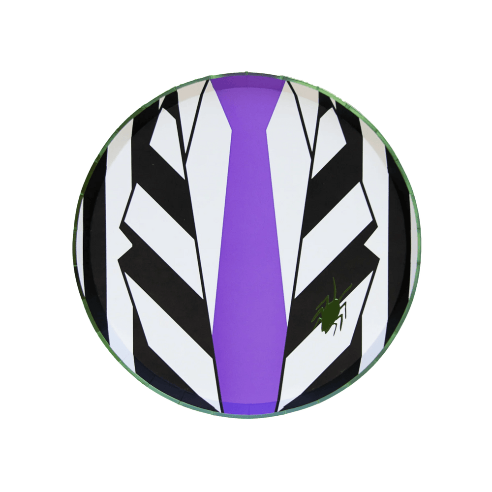 Beetlejuice small plates, set of 8, in black and white stripe with purple accents for a Halloween party table
